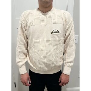 VTG St Louis Rams Patchwork Cable Knit Mens White Sweater Lrg Dad Chunky Heavy‎